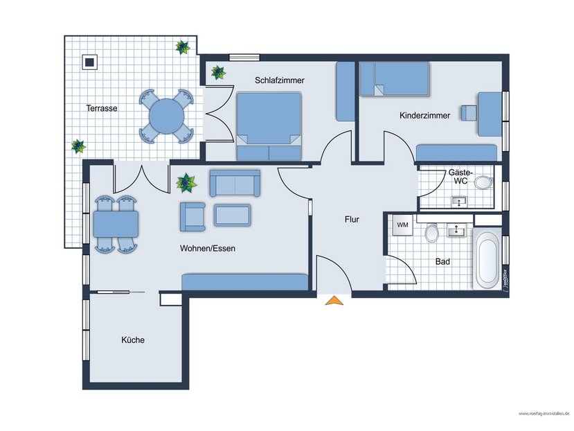Grundrissskizze der Wohnung - nicht maßstabsgetreu - Möblierung dient lediglich der Veranschaulichung und ist teilweise nicht Bestandteil der Immobilie