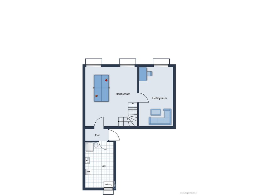 Grundrissskizze der Wohnung im Untergeschoss - nicht maßstabsgetreu - Möblierung dient lediglich zur Veranschaulichung und ist nicht Bestandteil der Wohnung.