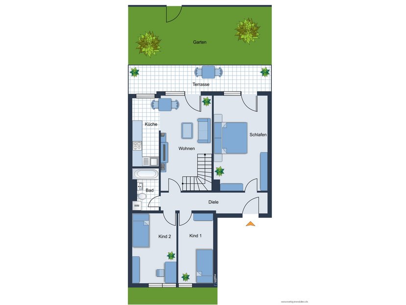 Grundrissskizze der Wohnung im Erdgeschoss - nicht maßstabsgetreu - Möblierung dient lediglich zur Veranschaulichung und ist nicht Bestandteil der Wohnung.