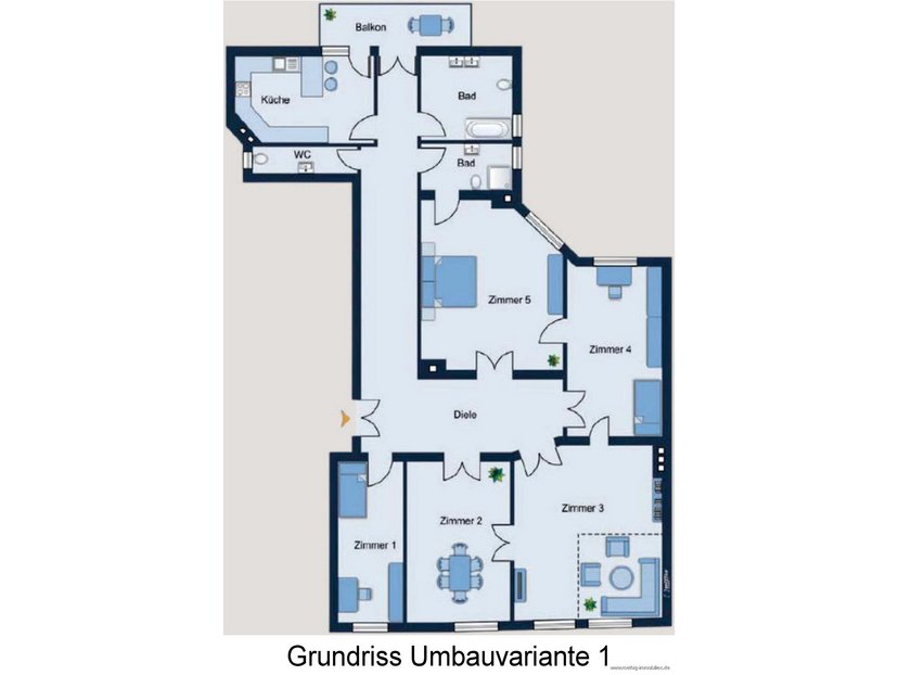 Grundrissskizze Variante 1 - nicht maßstabsgetreu - Möblierung dient lediglich zur Veranschaulichung und ist nicht Bestandteil der Wohnung