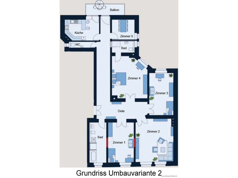 Grundrissskizze Variante 2 - nicht maßstabsgetreu - Möblierung dient lediglich zur Veranschaulichung und ist nicht Bestandteil der Wohnung
