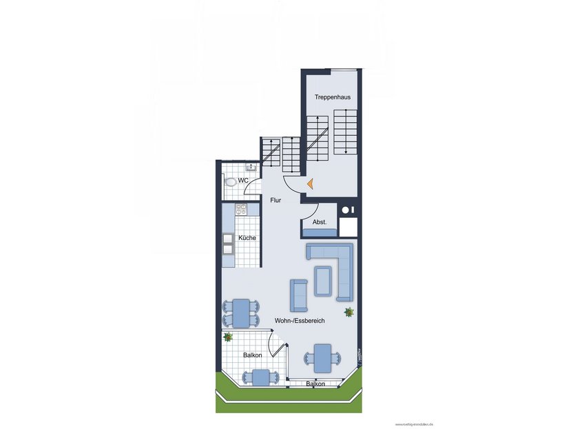 Grundrissskizze des 1. OGs - nicht maßstabsgetreu - Möblierung dient lediglich zur Veranschaulichung und ist nicht Bestandteil der Wohnung.