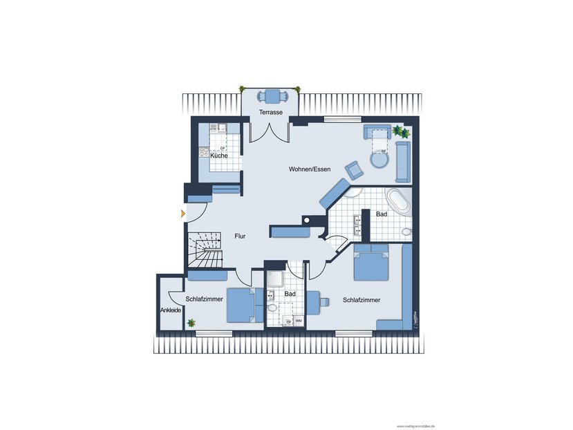 Grundrissvariante der Wohnung - Dachgeschoss - nicht maßstabsgetreu - Möblierung dient lediglich der Veranschaulichung und ist teilweise nicht Bestandteil der Immobilie