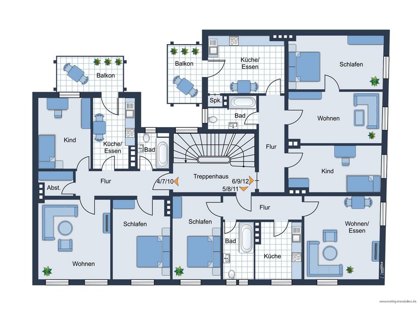 Grundrissskizze des 1-3 Obergeschosses - nicht maßstabsgetreu - Möblierung dient lediglich zur Veranschaulichung und ist nicht Bestandteil des Hauses