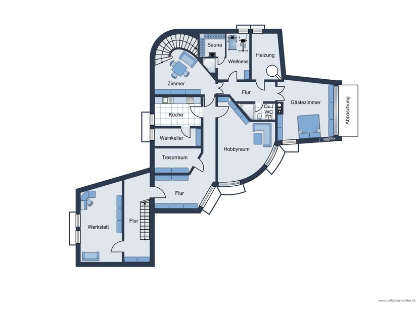 Grundrissskizze des Hauses - Untergeschoss - nicht maßstabsgetreu - Möblierung dient lediglich der Veranschaulichung und ist teilweise nicht Bestandteil der Immobilie