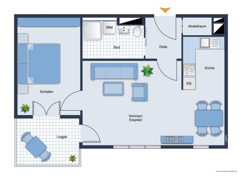 Grundrissskizze der Wohnung - nicht maßstabsgetreu - Möblierung dient lediglich zur Veranschaulichung und ist nicht Bestandteil der Wohnung