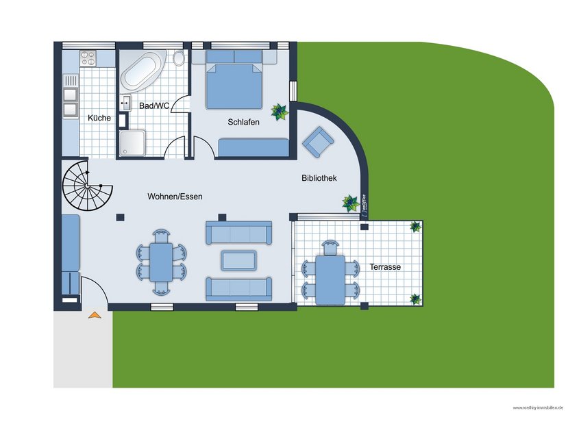 Grundrissskizze der Wohnung im EG - nicht maßstabsgetreu - Möblierung dient lediglich zur Veranschaulichung und ist nicht Bestandteil der Wohnung