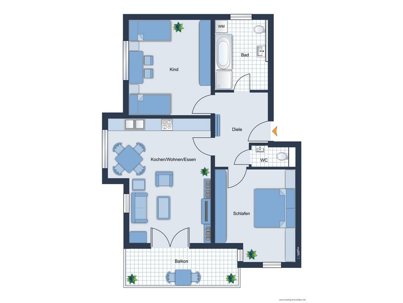 Grundrissskize der Wohnung - nicht maßstabsgetreu - Möblierung dient lediglich zur Veranschaulichung und ist nicht Bestandteil der Wohnung