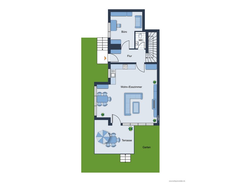 Grundrissskizze der Wohnung im Erdgeschoss  - nicht maßstabsgetreu - Möblierung dient lediglich zur Veranschaulichung und ist nicht Bestandteil der Wohnung