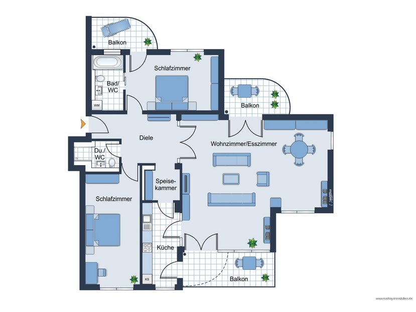 Grundrissskizze der 3-Zimmer-Wohnung - nicht maßstabsgetreu - Möblierung dient lediglich zur Veranschaulichung und ist nicht Bestandteil der Wohnung