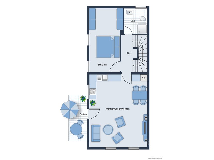 Ursprüngliche Planung des Obergeschosses – nicht maßstabsgetreu – Möblierung dient lediglich zur Veranschaulichung und ist nicht Bestandteil der Wohnung.