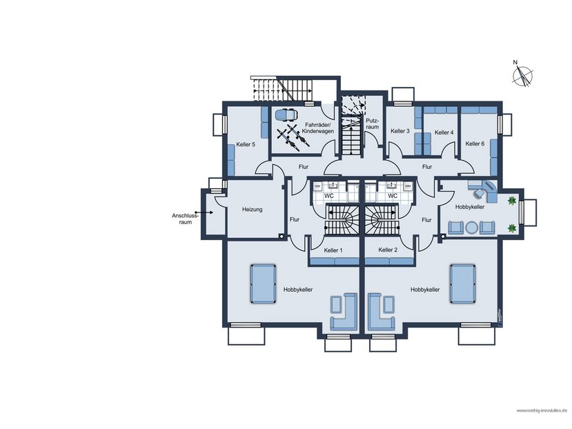 Grundrissskizze vom Kellergeschoss - nicht maßstabsgetreu - Möbilierung dient lediglich zur Veranschaulichung und ist nicht Bestandteil der Wohnung.