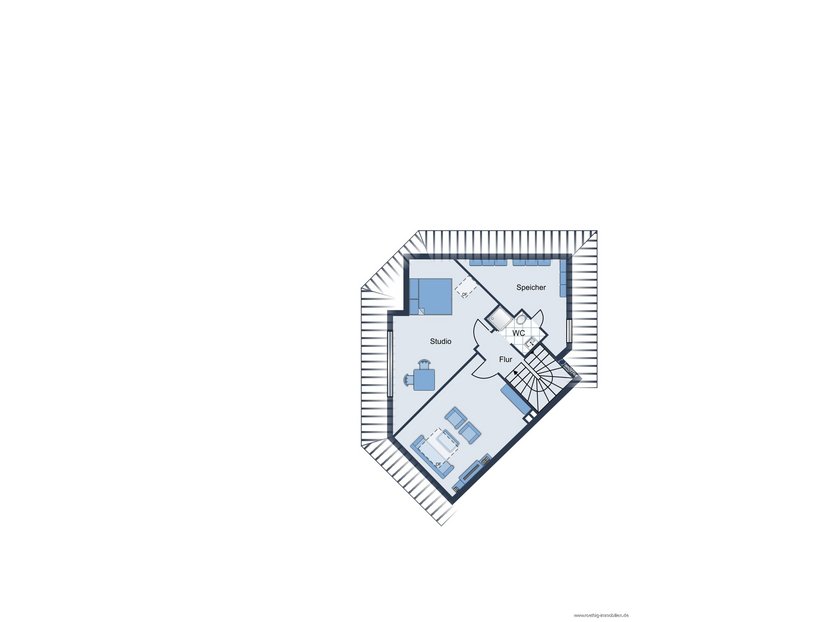 Grundrissvariante im Dachgeschosss mit einem weiteren Schlafzimmer / Büro - nicht maßstabsgetreu - Möblierung dient lediglich zur Veranschaulichung und ist nicht Bestandteil des Hauses