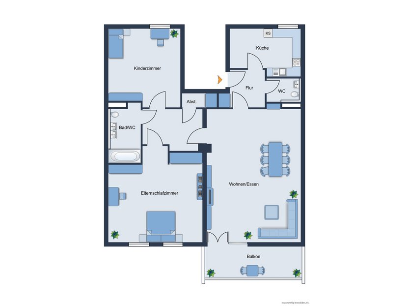 Grundrissskizze - nicht maßstabsgetreu - Möblierung dient lediglich zur Veranschaulichung und ist nicht Bestandteil der Wohnung