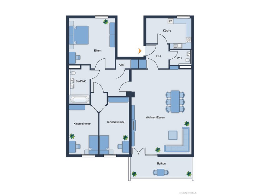 Grundrissskizze mit 3 Schlafzimmern- nicht maßstabsgetreu - Möblierung dient lediglich zur Veranschaulichung und ist nicht Bestandteil der Wohnung