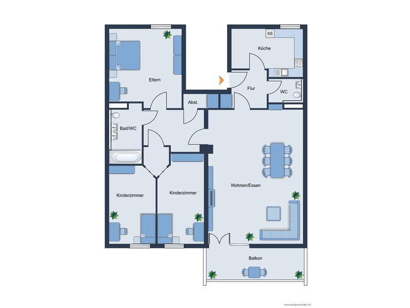 Grundrissskizze mit 3 Schlafzimmern- nicht maßstabsgetreu - Möblierung dient lediglich zur Veranschaulichung und ist nicht Bestandteil der Wohnung