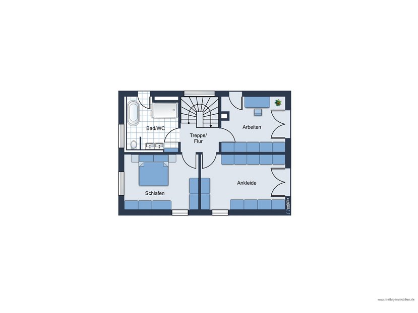 Grundrissskizze vom Obergeschoss des Hauses - nicht maßstabsgetreu - Möblierung dient lediglich zur Veranschaulichung und ist nicht Bestandteil des Hauses