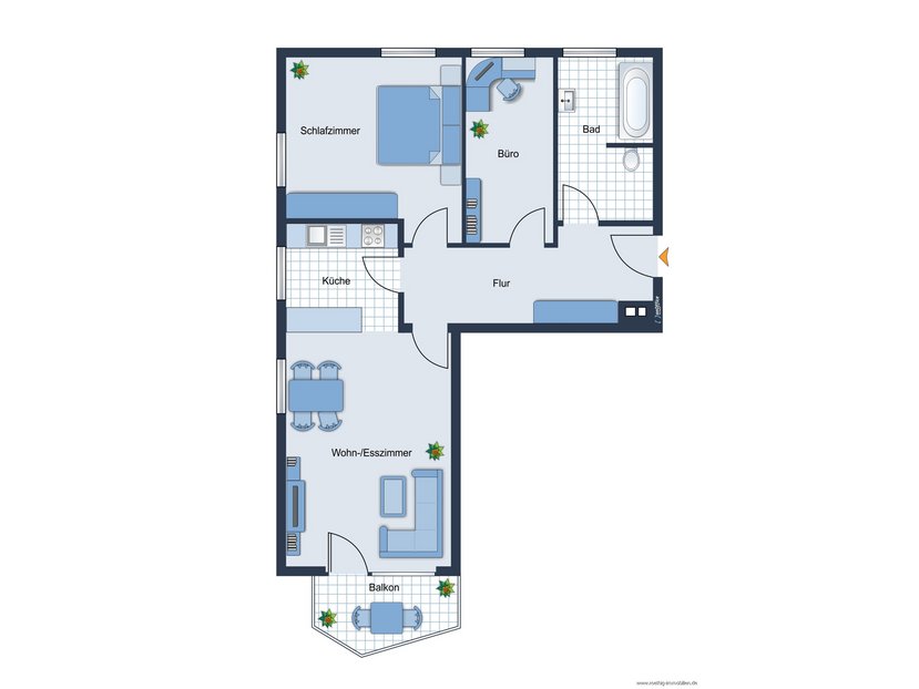 Grundrissvorschlag der Wohnung - nicht maßstabsgetreu - Möblierung dient lediglich der Veranschaulichung und ist teilweise nicht Bestandteil der Immobilie