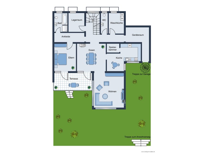 Gartengeschoss - Grundrissskizze des Hauses - nicht maßstabsgetreu - Möblierung dient lediglich zur Veranschaulichung und ist nicht Bestandteil des Hauses