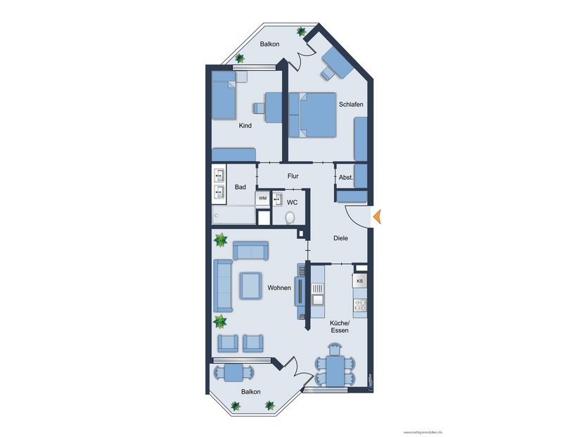 Grundrissskizze der Wohnung - nicht maßstabsgetreu - Möblierung dient lediglich zur Veranschaulichung und ist nicht Bestandteil der Wohnung.